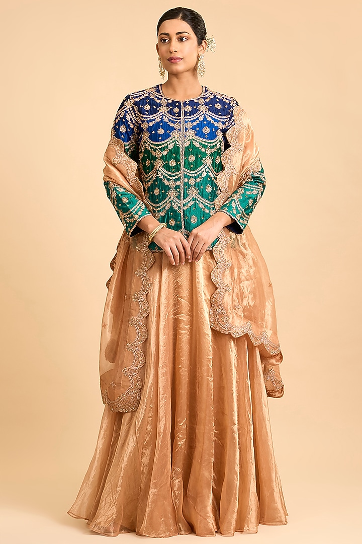 Emerald Green & Navy Blue Spun Silk Marori Embroidered Jacket Set by Surbhi Shah at Pernia's Pop Up Shop