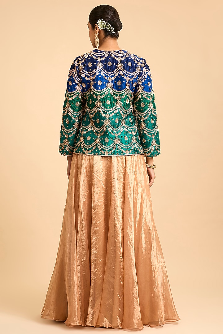 Emerald Green & Navy Blue Spun Silk Marori Embroidered Jacket Set by Surbhi Shah at Pernia's Pop Up Shop