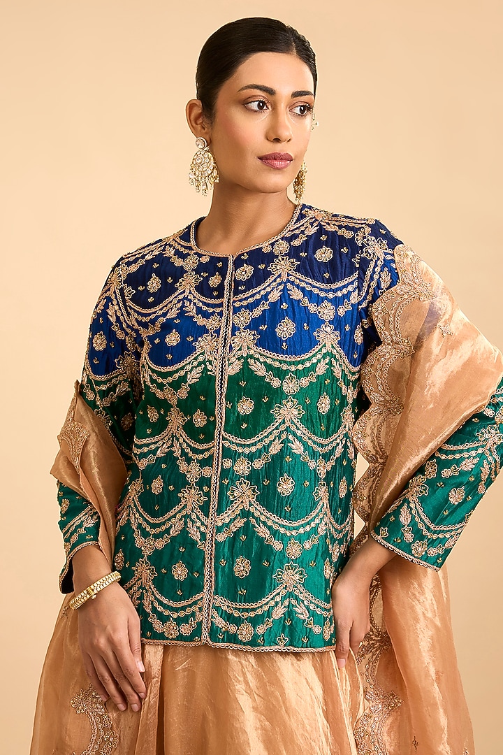Emerald Green & Navy Blue Spun Silk Marori Embroidered Jacket Set by Surbhi Shah at Pernia's Pop Up Shop