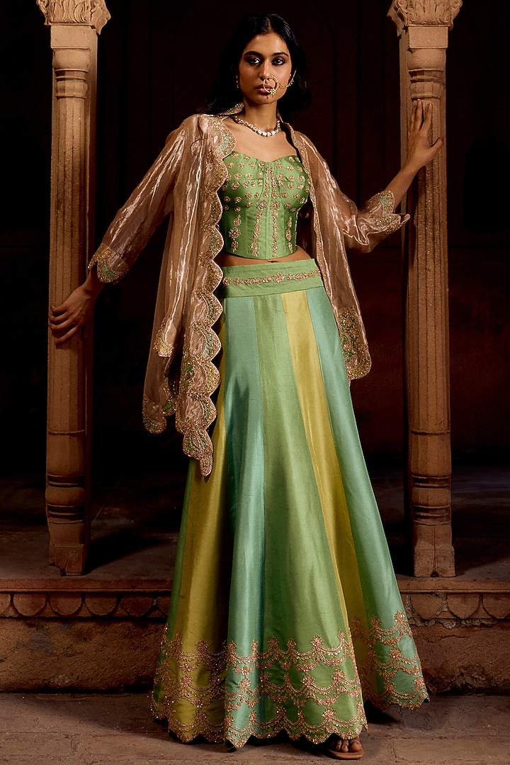 Sage Green Dupion Silk Marori Work Skirt Set by SURBHI SHAH at Pernia's Pop Up Shop