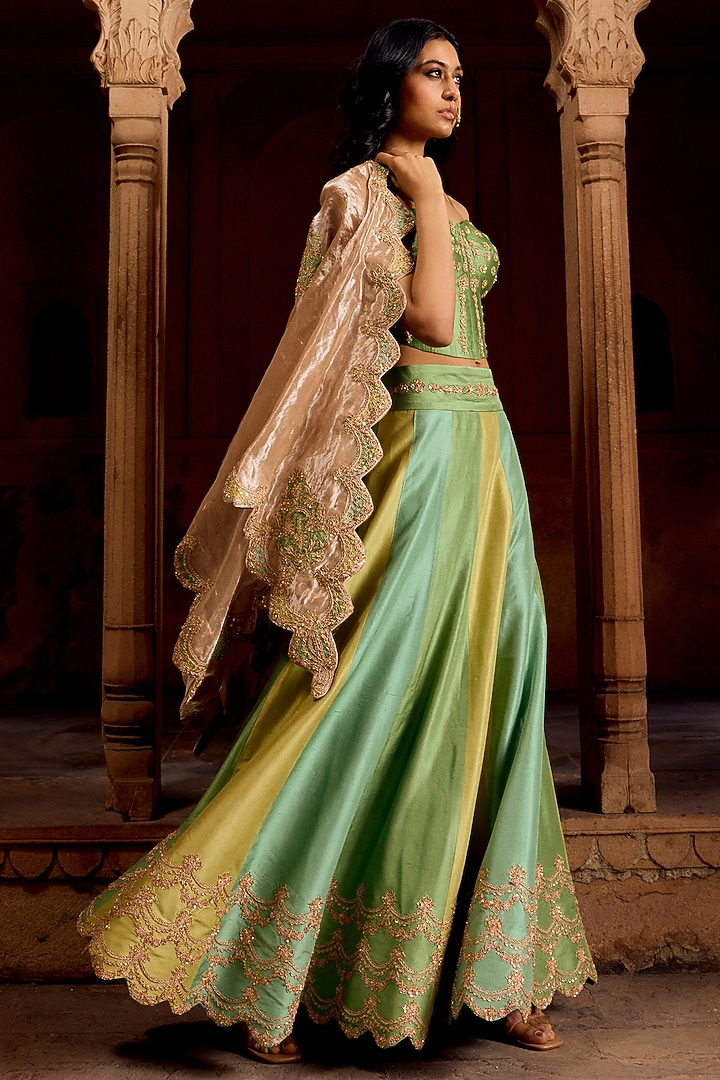Sage Green Dupion Silk Marori Work Skirt Set by SURBHI SHAH at Pernia's Pop Up Shop