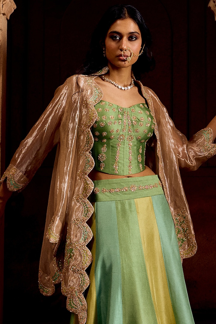 Sage Green Dupion Silk Marori Work Skirt Set by SURBHI SHAH at Pernia's Pop Up Shop