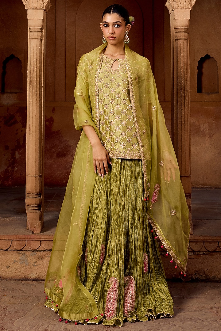 Pastel Green Kora Silk Crushed Skirt Set by SURBHI SHAH at Pernia's Pop Up Shop