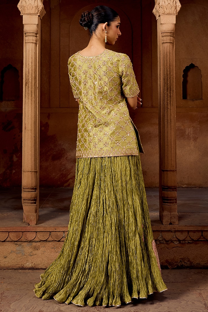 Pastel Green Kora Silk Crushed Skirt Set by SURBHI SHAH at Pernia's Pop Up Shop