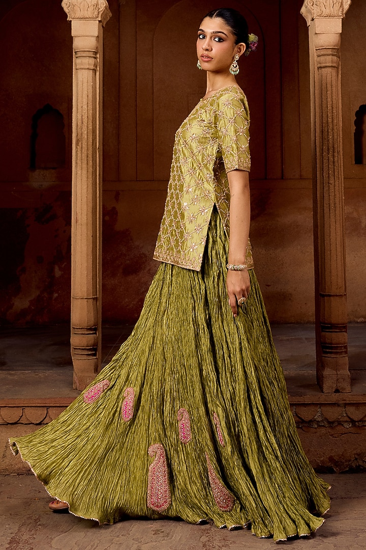 Pastel Green Kora Silk Crushed Skirt Set by SURBHI SHAH at Pernia's Pop Up Shop
