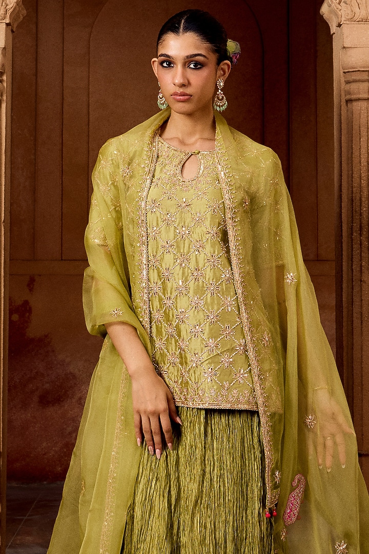 Pastel Green Kora Silk Crushed Skirt Set by SURBHI SHAH at Pernia's Pop Up Shop