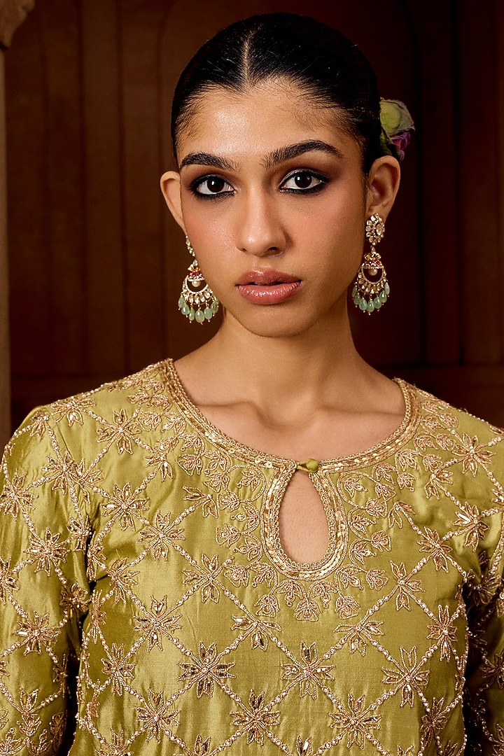 Pastel Green Kora Silk Crushed Skirt Set by SURBHI SHAH at Pernia's Pop Up Shop