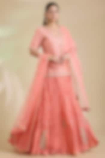 Coral Peach Kora Silk Marori Embroidered Skirt Set by SURBHI SHAH at Pernia's Pop Up Shop
