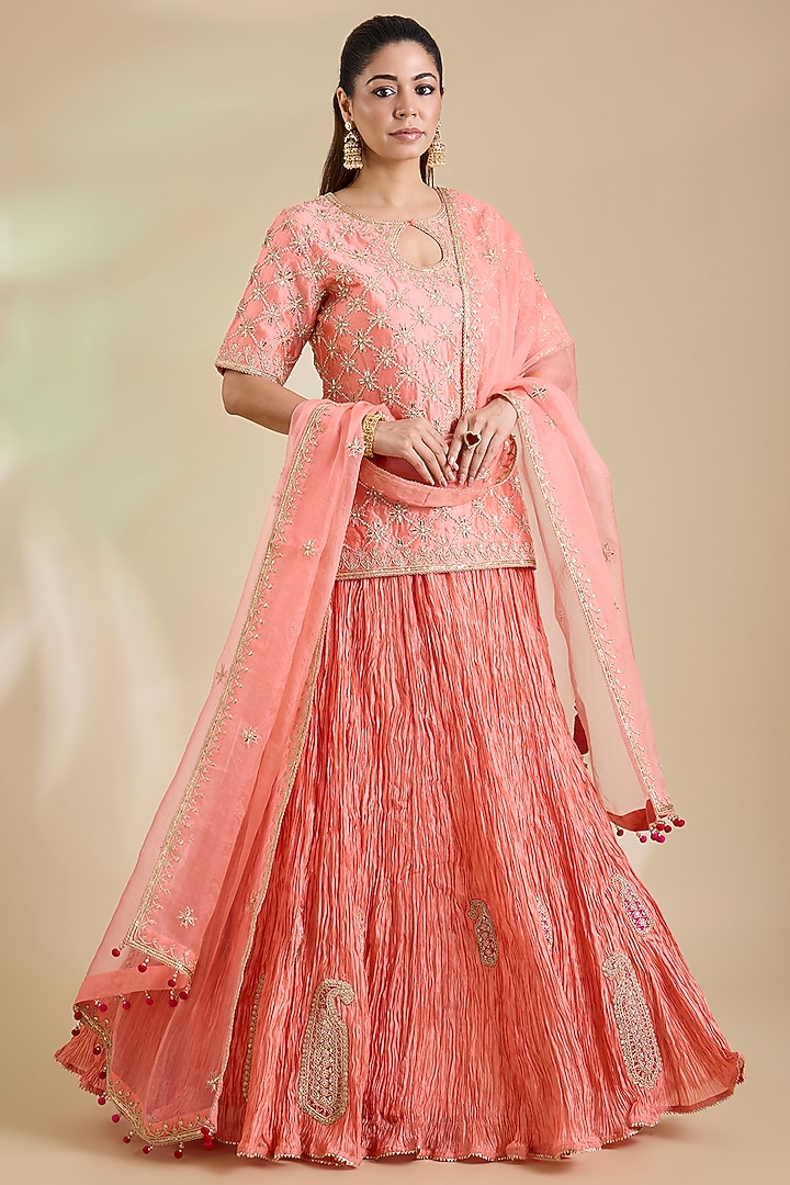 Coral Peach Kora Silk Marori Embroidered Skirt Set by SURBHI SHAH at Pernia's Pop Up Shop