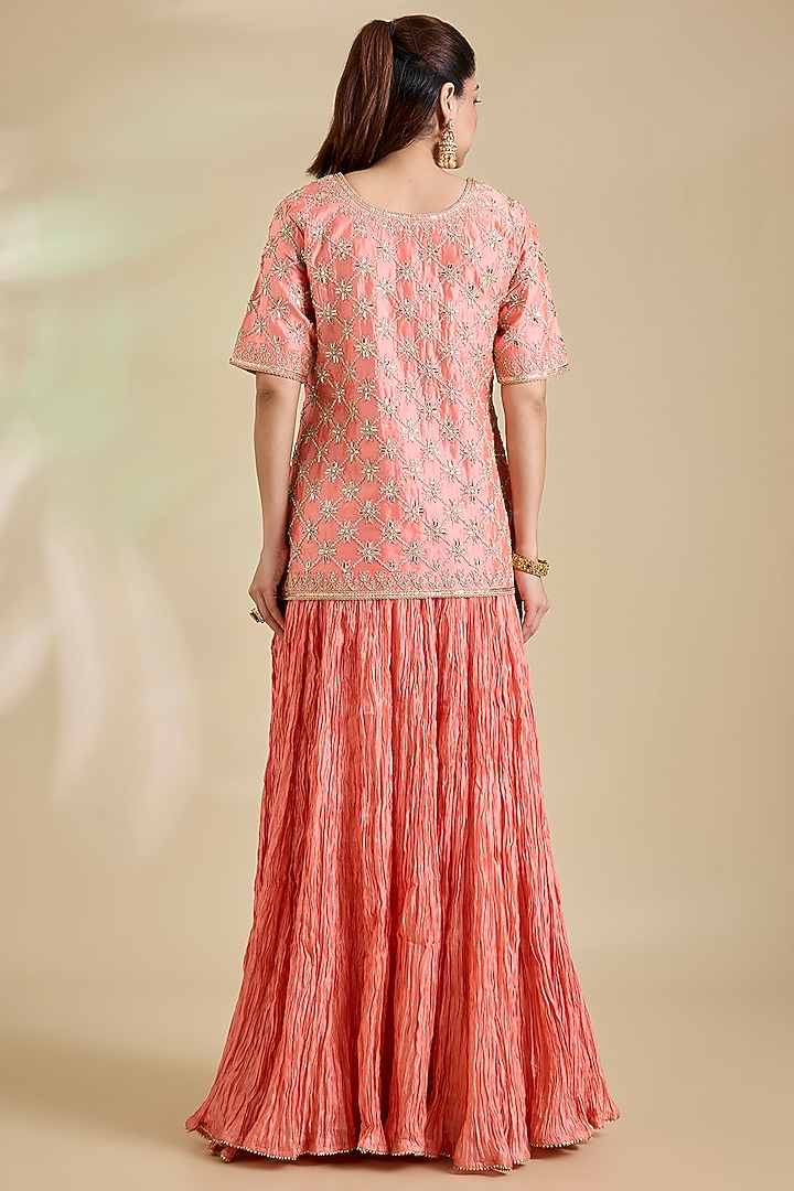 Coral Peach Kora Silk Marori Embroidered Skirt Set by SURBHI SHAH at Pernia's Pop Up Shop