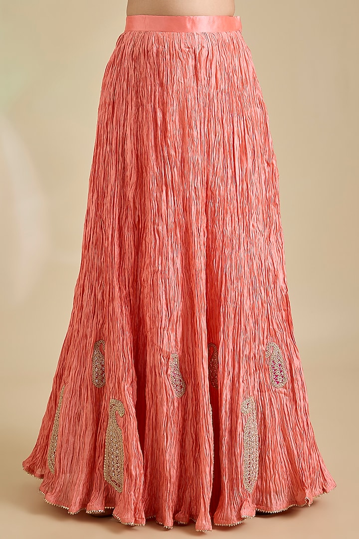Coral Peach Kora Silk Marori Embroidered Skirt Set by SURBHI SHAH at Pernia's Pop Up Shop