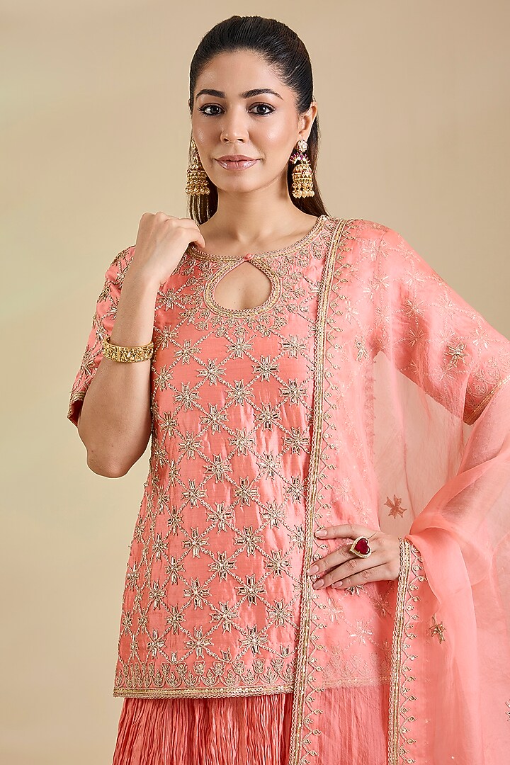 Coral Peach Kora Silk Marori Embroidered Skirt Set by SURBHI SHAH at Pernia's Pop Up Shop