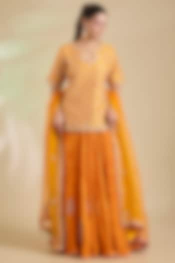 Mango Yellow Kora Silk Marori Embroidered Skirt Set by SURBHI SHAH at Pernia's Pop Up Shop