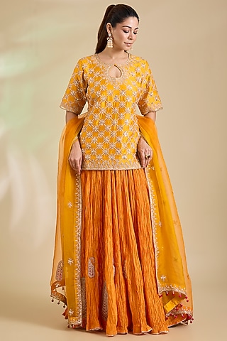 Mango Yellow Kora Silk Marori Embroidered Skirt Set by SURBHI SHAH