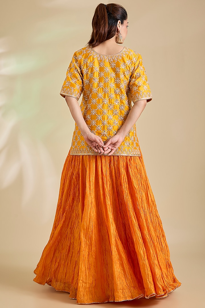 Mango Yellow Kora Silk Marori Embroidered Skirt Set by SURBHI SHAH at Pernia's Pop Up Shop