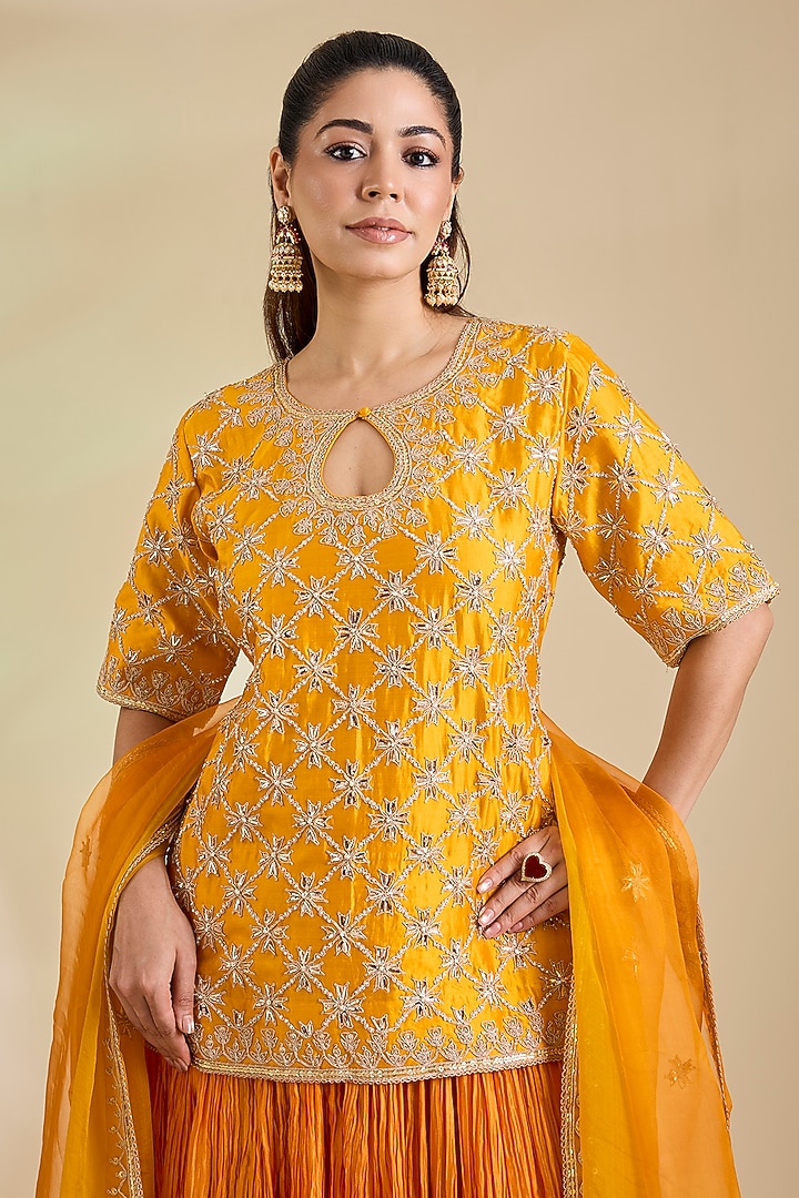 Mango Yellow Kora Silk Marori Embroidered Skirt Set by SURBHI SHAH at Pernia's Pop Up Shop