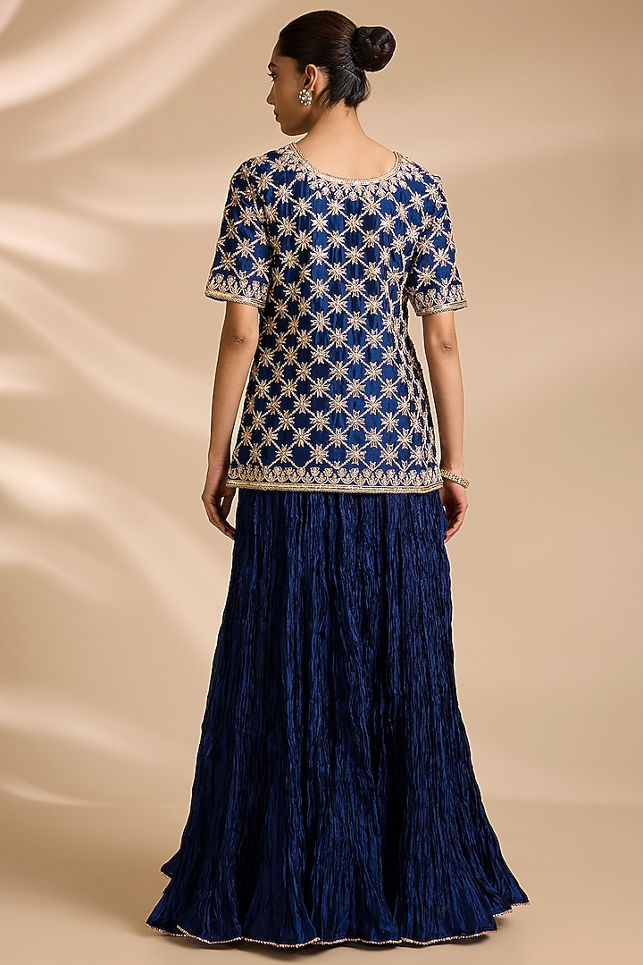 Navy Blue Spun Silk Mukaish Embroidered Kurta Set by Surbhi Shah at Pernia's Pop Up Shop