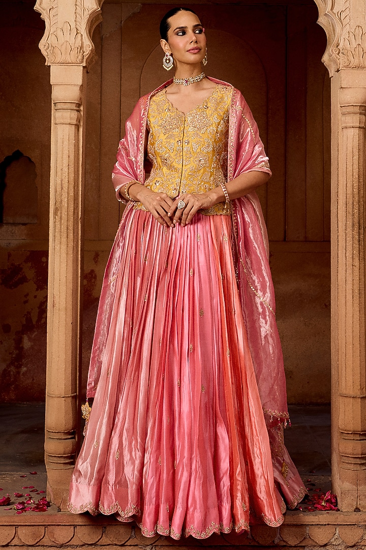 Raspberry Pink Kora Silk Skirt Set by SURBHI SHAH at Pernia's Pop Up Shop