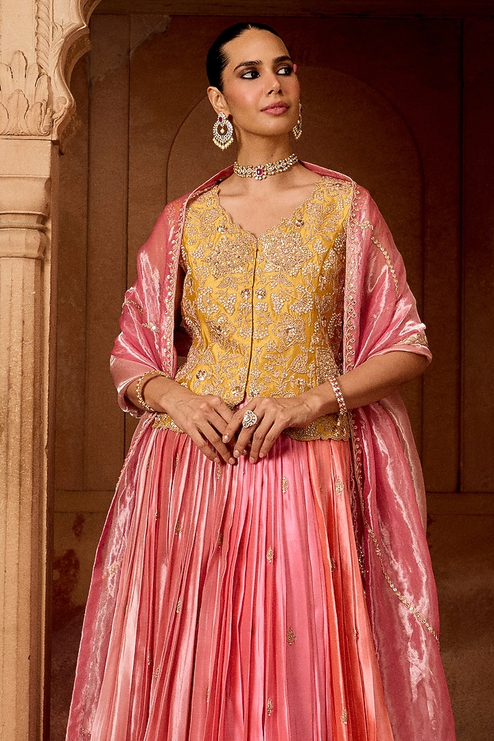 Raspberry Pink Kora Silk Skirt Set by SURBHI SHAH at Pernia's Pop Up Shop