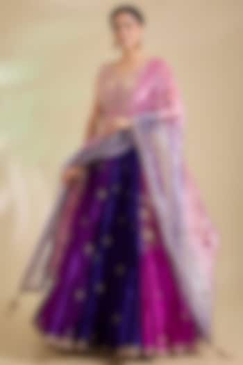 Purple & Magenta Kora Silk Marori Embroidered Jacket Set by SURBHI SHAH at Pernia's Pop Up Shop