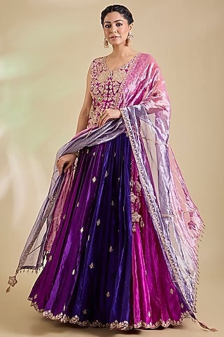 Purple & Magenta Kora Silk Marori Embroidered Jacket Set by SURBHI SHAH