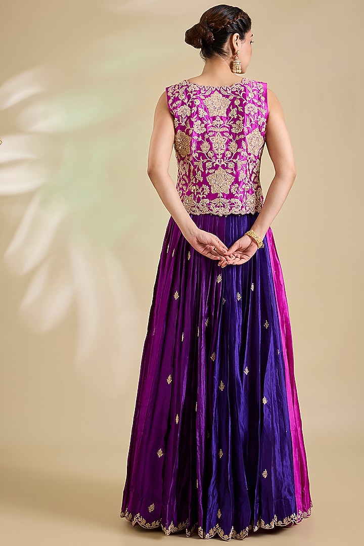 Purple & Magenta Kora Silk Marori Embroidered Jacket Set by SURBHI SHAH at Pernia's Pop Up Shop