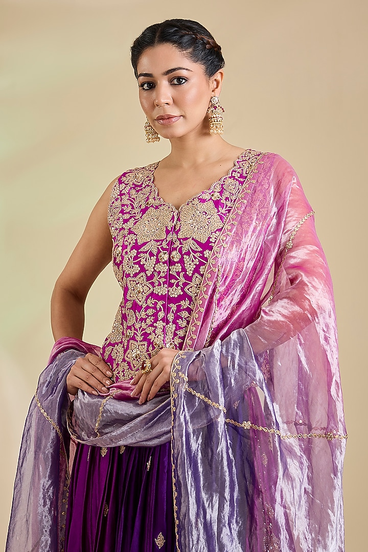 Purple & Magenta Kora Silk Marori Embroidered Jacket Set by SURBHI SHAH at Pernia's Pop Up Shop
