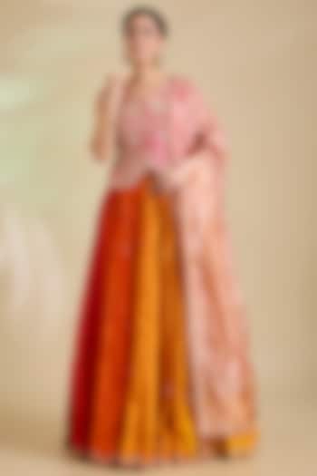 Orange & Rani Kora Silk Marori Embroidered Jacket Set by SURBHI SHAH at Pernia's Pop Up Shop