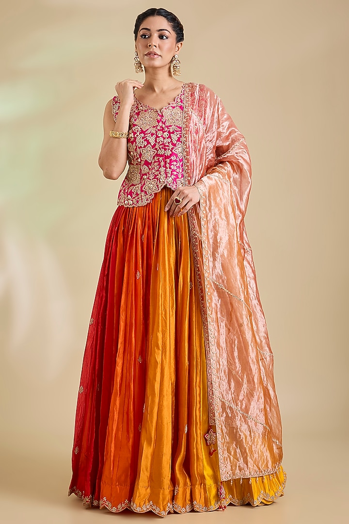 Orange & Rani Kora Silk Marori Embroidered Jacket Set by SURBHI SHAH at Pernia's Pop Up Shop