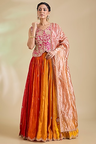 Orange & Rani Kora Silk Marori Embroidered Jacket Set by SURBHI SHAH