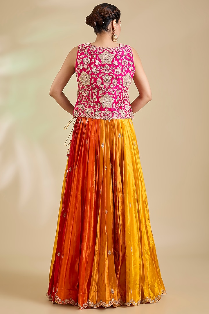 Orange & Rani Kora Silk Marori Embroidered Jacket Set by SURBHI SHAH at Pernia's Pop Up Shop