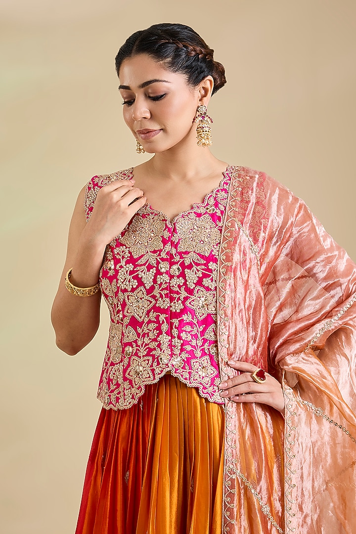Orange & Rani Kora Silk Marori Embroidered Jacket Set by SURBHI SHAH at Pernia's Pop Up Shop