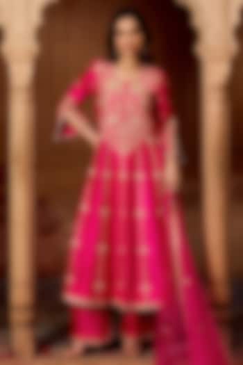 Rani Pink Spun Silk Mukesh Work Wedding Anarkali Set by SURBHI SHAH at Pernia's Pop Up Shop