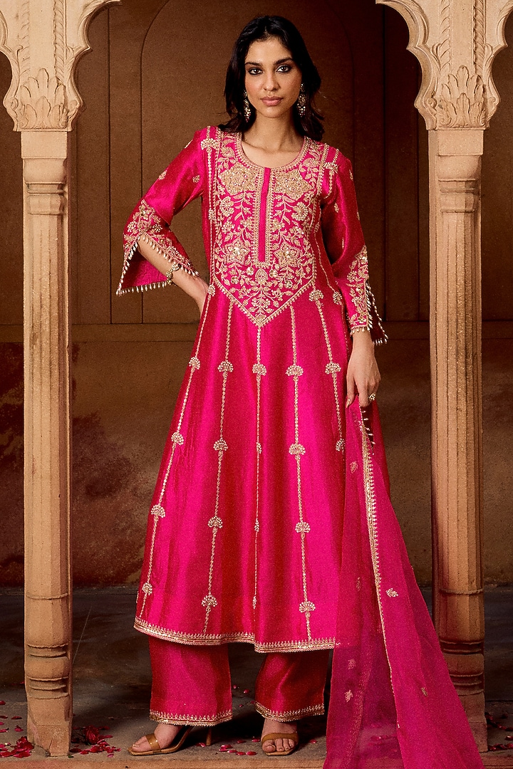 Rani Pink Spun Silk Mukesh Work Wedding Anarkali Set by SURBHI SHAH at Pernia's Pop Up Shop
