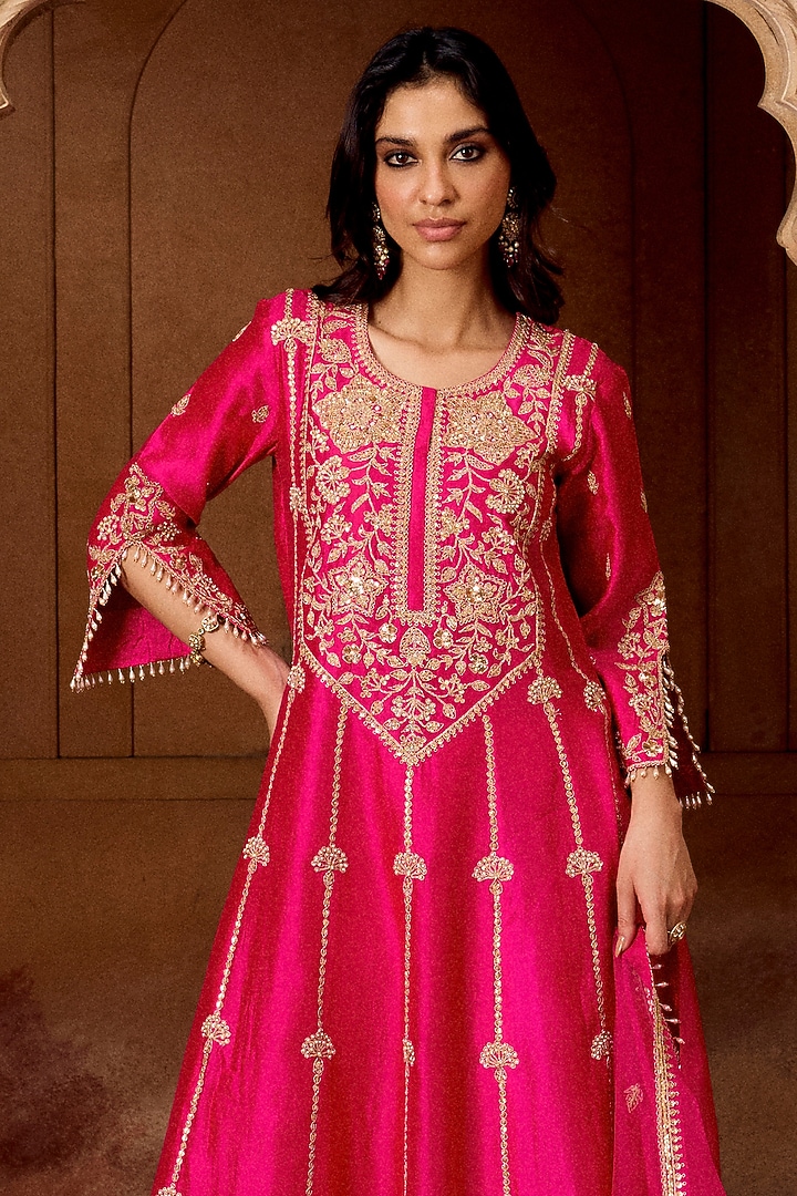 Rani Pink Spun Silk Mukesh Work Wedding Anarkali Set by SURBHI SHAH at Pernia's Pop Up Shop