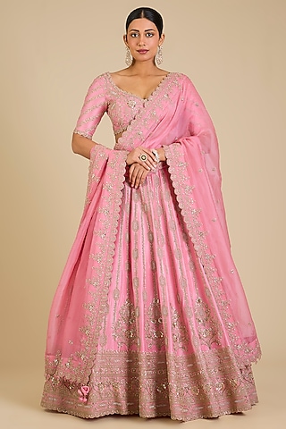 Blush Pink Dupion Silk Marori Work Lehenga Set by SURBHI SHAH