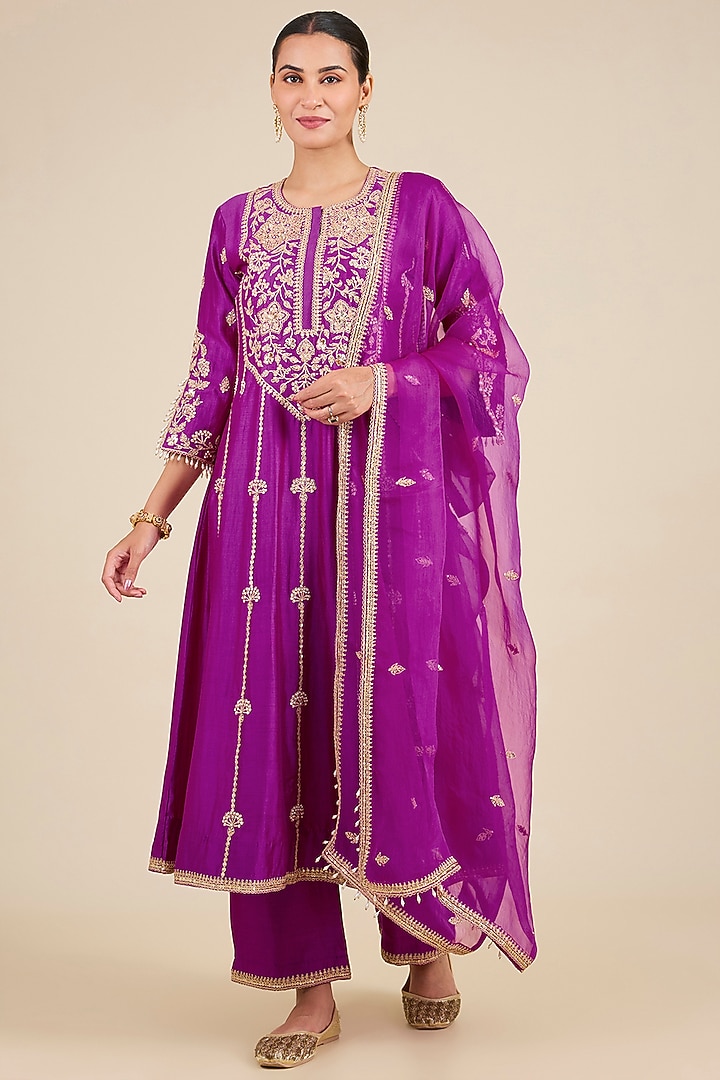 Magenta Spun Silk Marori Work Wedding Anarkali Set by SURBHI SHAH at Pernia's Pop Up Shop