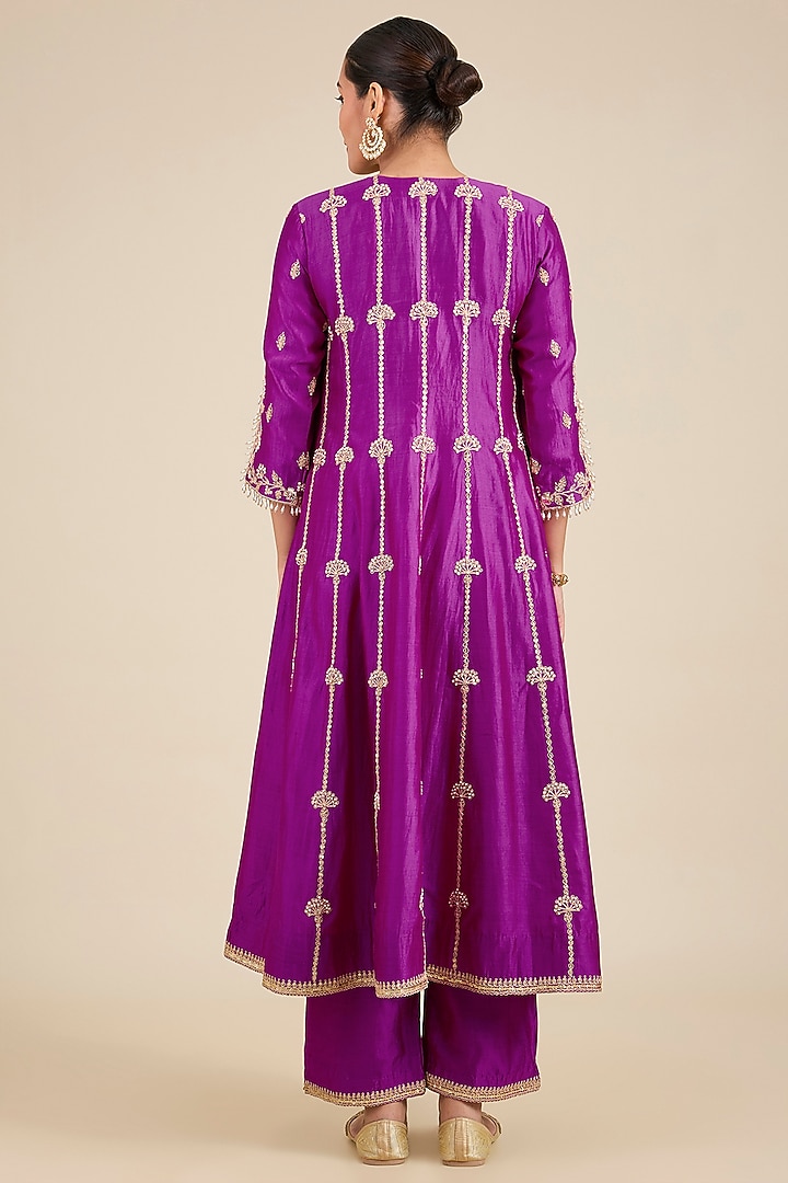 Magenta Spun Silk Marori Work Wedding Anarkali Set by SURBHI SHAH at Pernia's Pop Up Shop