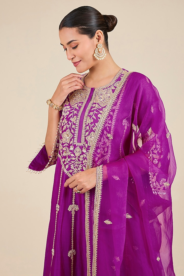 Magenta Spun Silk Marori Work Wedding Anarkali Set by SURBHI SHAH at Pernia's Pop Up Shop
