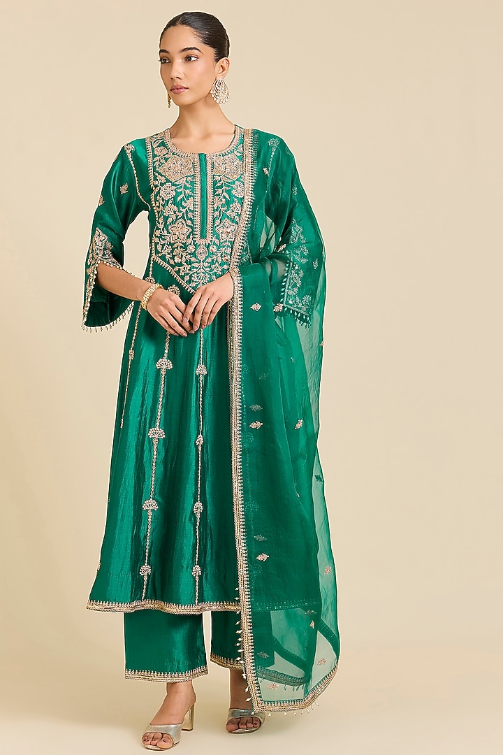 Emerald Green Spun Silk Marori Embroidered Wedding Anarkali Set by SURBHI SHAH at Pernia's Pop Up Shop