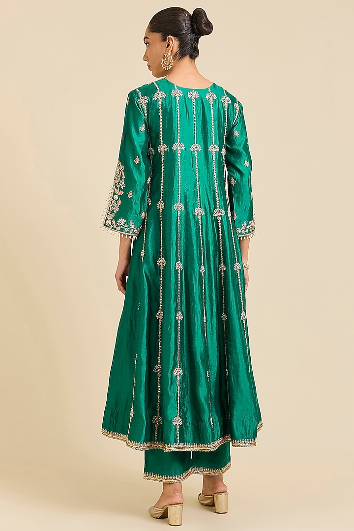 Emerald Green Spun Silk Marori Embroidered Wedding Anarkali Set by SURBHI SHAH at Pernia's Pop Up Shop