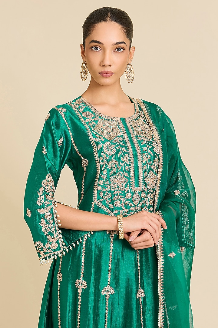Emerald Green Spun Silk Marori Embroidered Wedding Anarkali Set by SURBHI SHAH at Pernia's Pop Up Shop