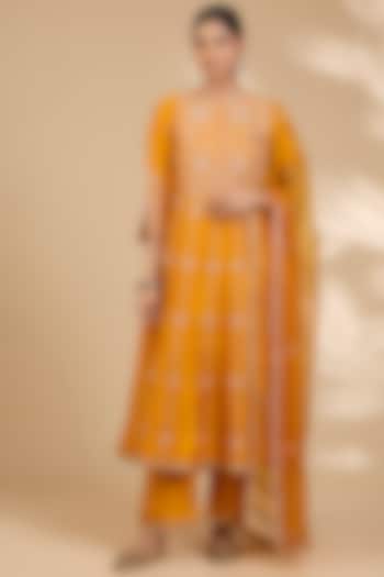 Mango Yellow Spun Silk Marori Work Wedding Anarkali Set by SURBHI SHAH at Pernia's Pop Up Shop