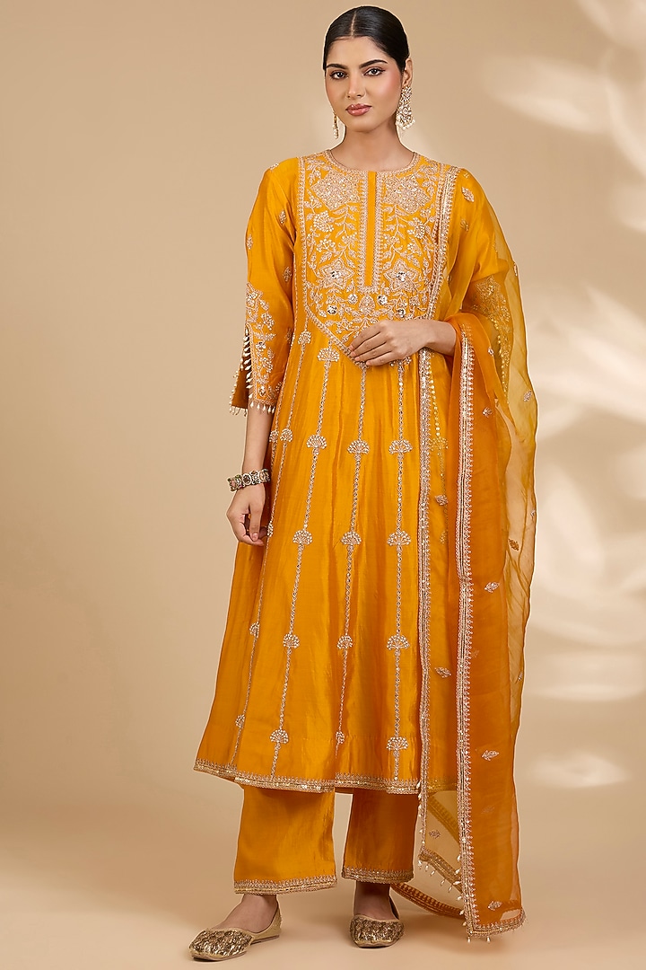 Mango Yellow Spun Silk Marori Work Wedding Anarkali Set by SURBHI SHAH at Pernia's Pop Up Shop