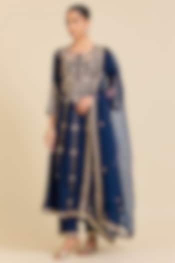 Navy Blue Spun Silk Marori Embroidered Wedding Anarkali Set by SURBHI SHAH at Pernia's Pop Up Shop