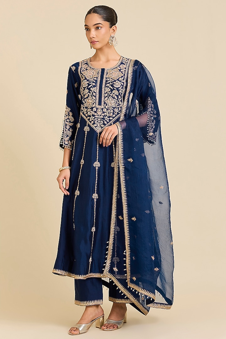 Navy Blue Spun Silk Marori Embroidered Wedding Anarkali Set by SURBHI SHAH at Pernia's Pop Up Shop
