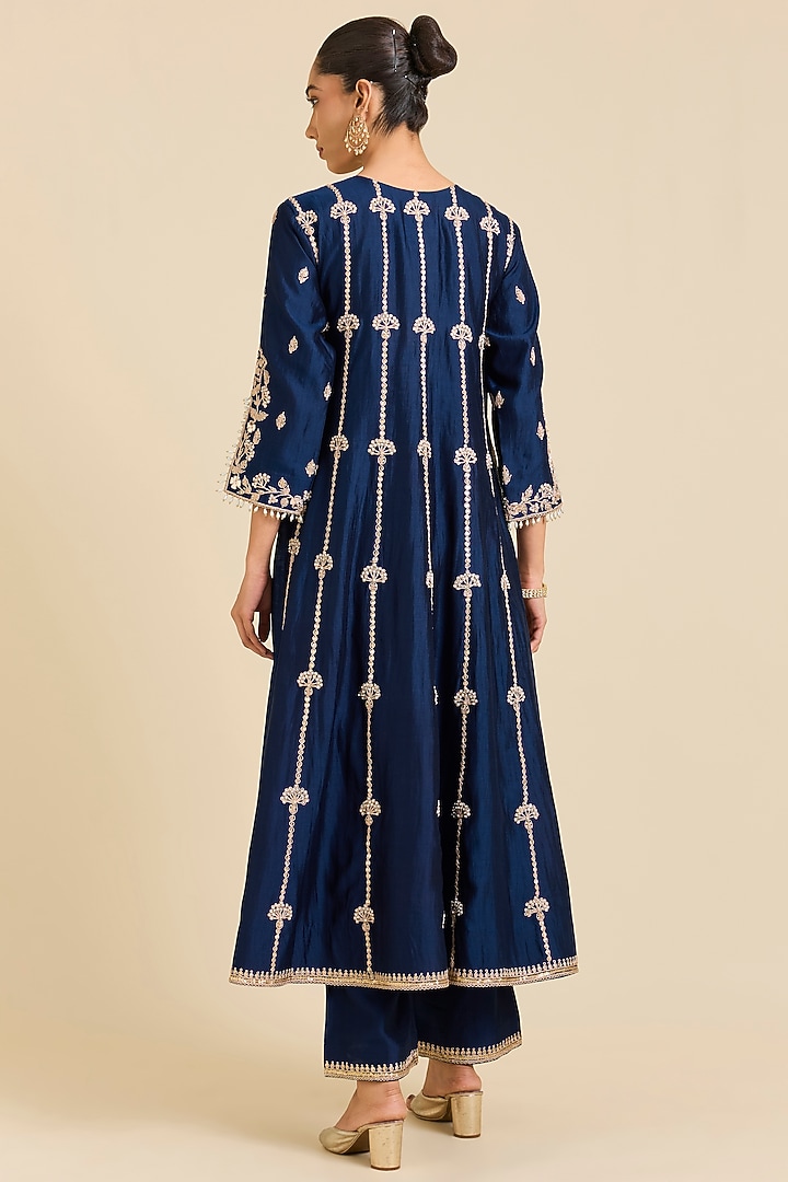Navy Blue Spun Silk Marori Embroidered Wedding Anarkali Set by SURBHI SHAH at Pernia's Pop Up Shop