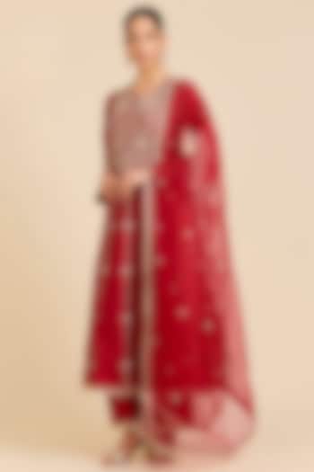 Red Spun Silk Marori Embroidered Wedding Anarkali Set by SURBHI SHAH at Pernia's Pop Up Shop