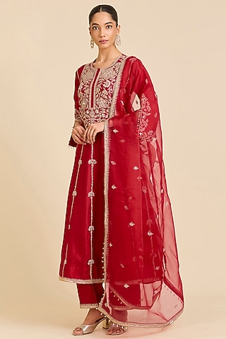 Red Spun Silk Marori Embroidered Anarkali Set by SURBHI SHAH