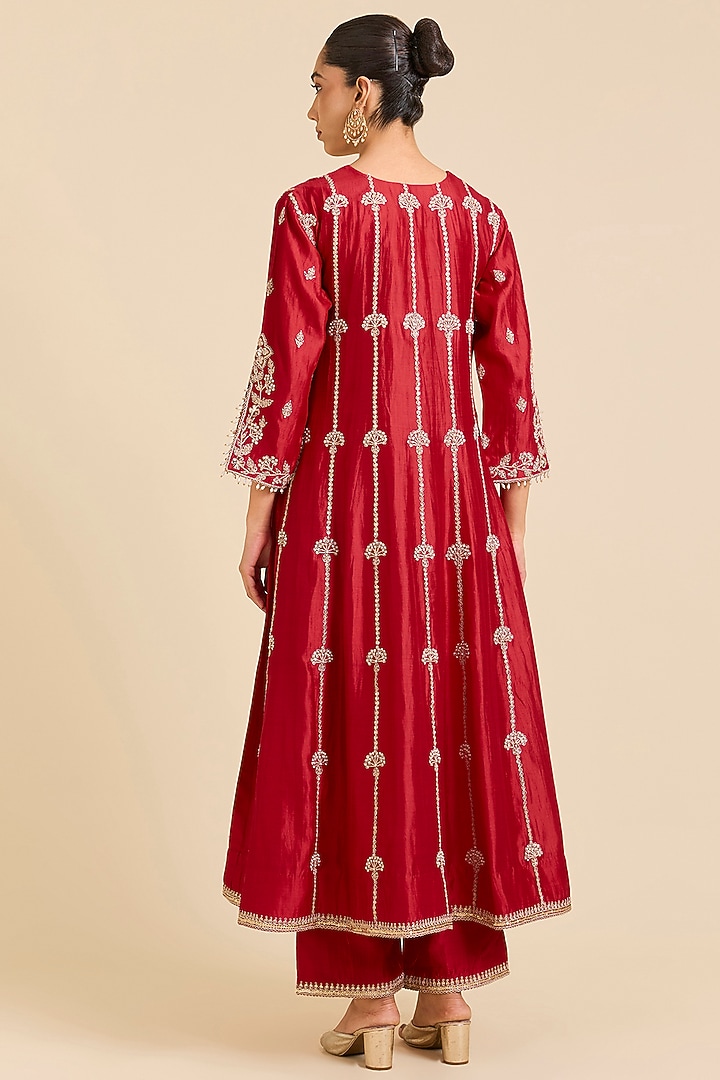 Red Spun Silk Marori Embroidered Wedding Anarkali Set by SURBHI SHAH at Pernia's Pop Up Shop